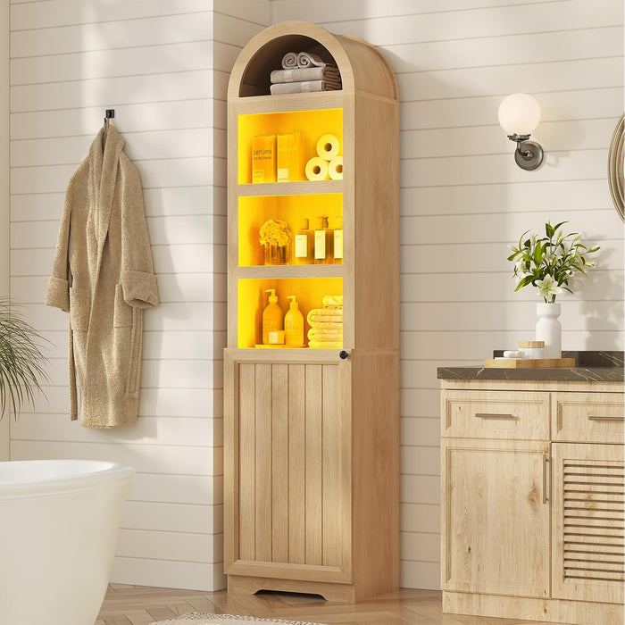 72" Tall Arched Narrow Bathroom Storage Cabinet with Lights, Slim Storage Cabinet with Adjustable Shelves for Small Spaces, Farmhouse Style (Oak)