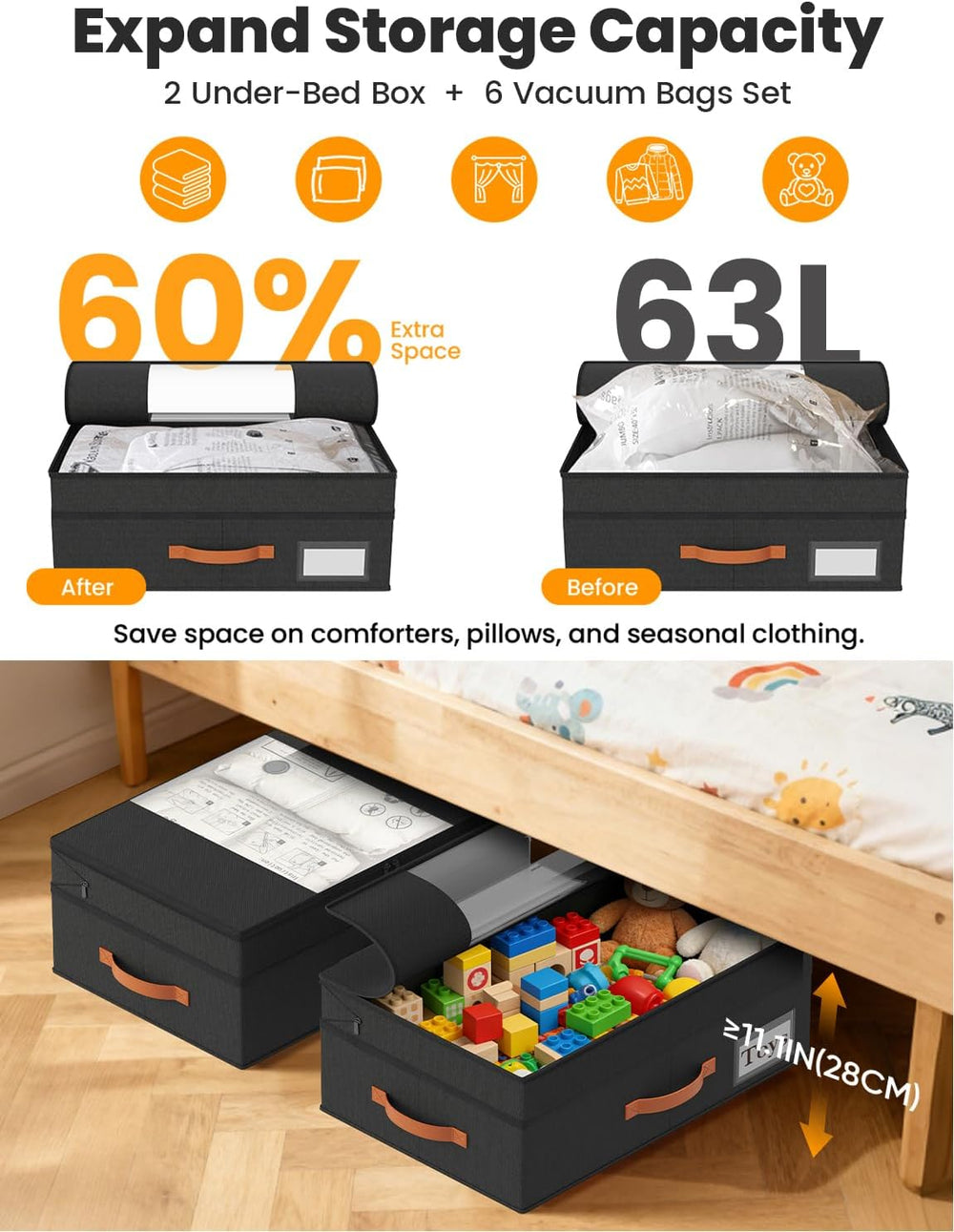TOSKING 2-Pack Under Bed Storage Drawers with Wheels, 6 Vacuum Bags, Adjustab...