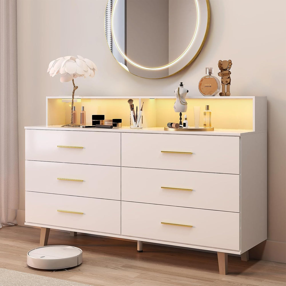 UNIQUITE 6 Drawers Dresser with LED Light and Power Outlet, Wood White Dresse...