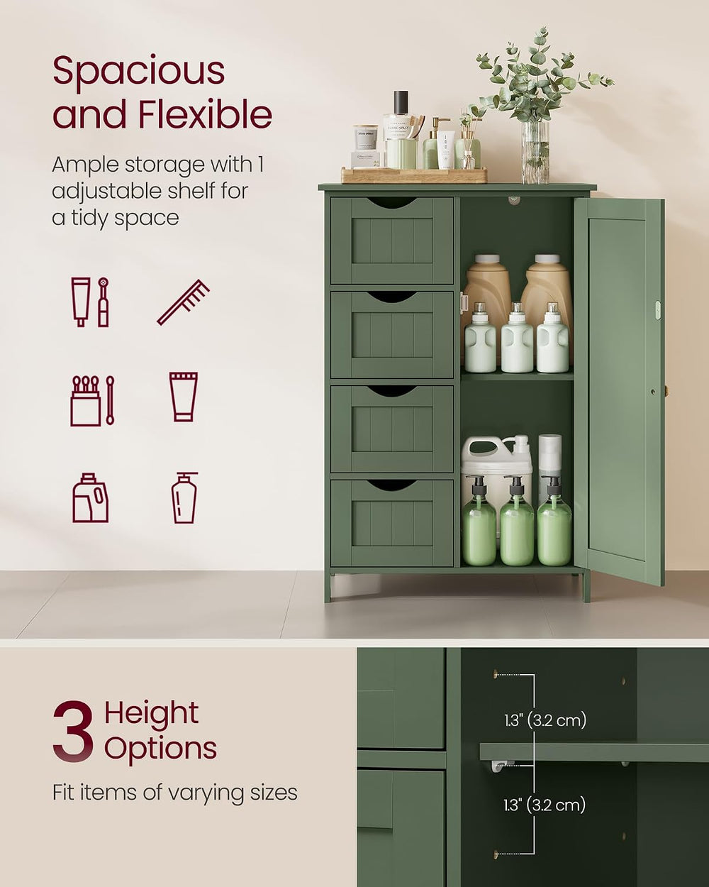 VASAGLE Floor Storage Cabinet, Farmhouse, 4 Drawers and 1 Door,32.3" H