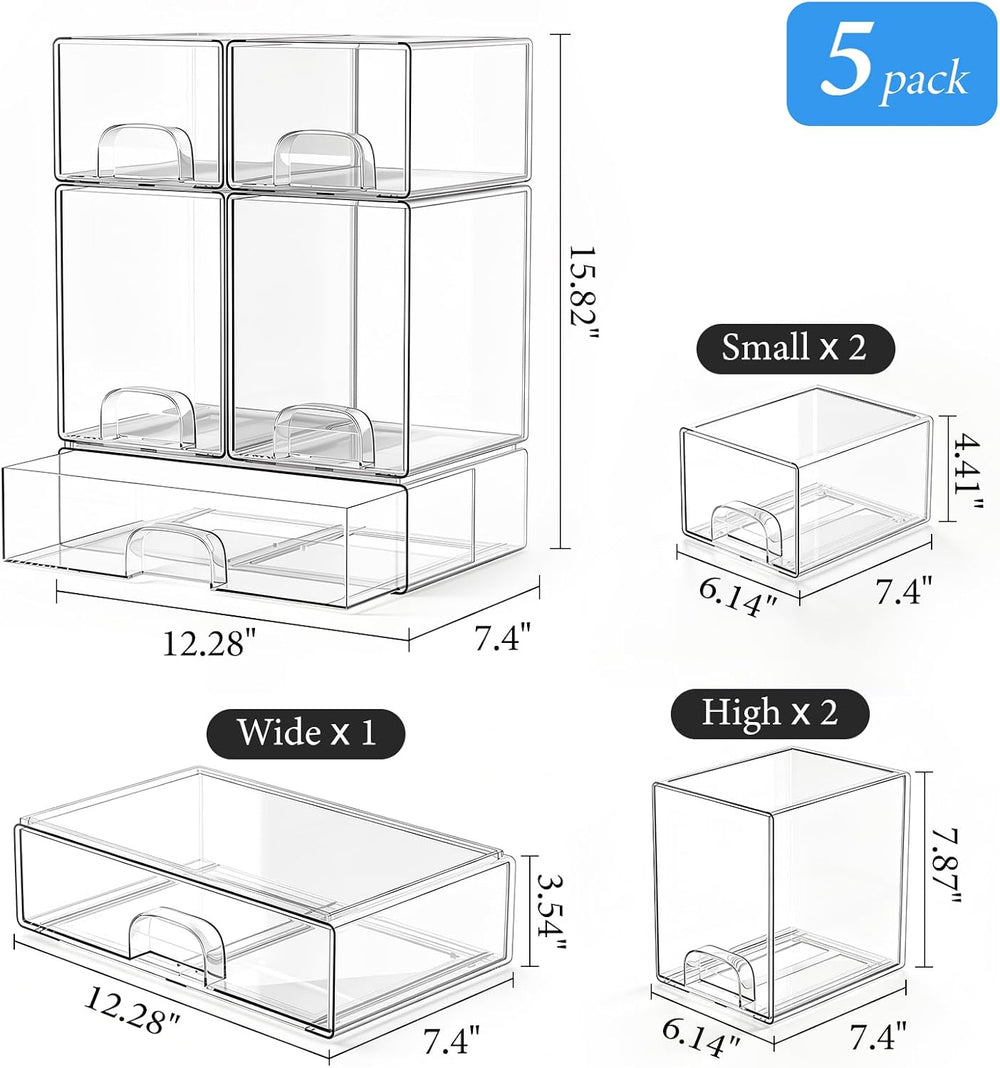 Clear Stackable Storage Drawers Set of 5 Bathroom Makeup Organizer Bins