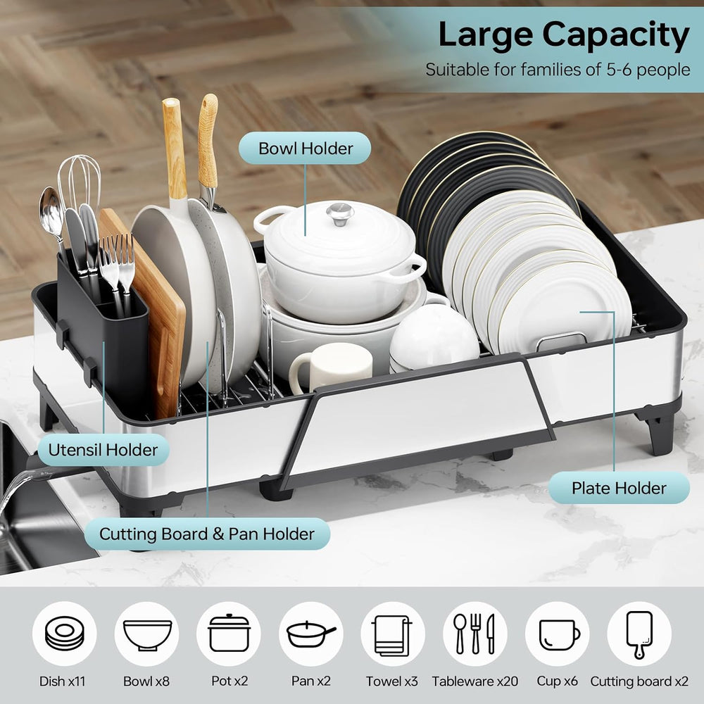 Urackify Large Expandable Dish Drying Rack for Kitchen Counter, Black