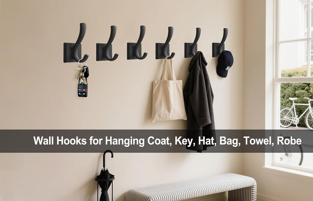 TOFIIGREM Black Coat Hooks for Wall Hanging, Bath Robe Hook Heavy Duty Thick ...