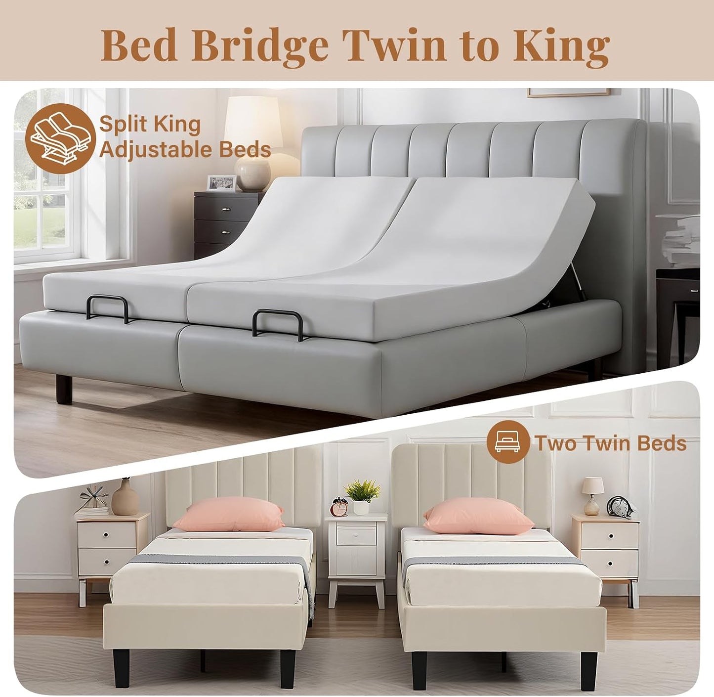 Vekkia 2-in-1 Split King Gap Filler with Built-in Fitted Sheet, Twin to King Converter, Bed Bridge with Washable Cover, Fits Guest Rooms, Hotels & Vacation Rentals, 75"x75"