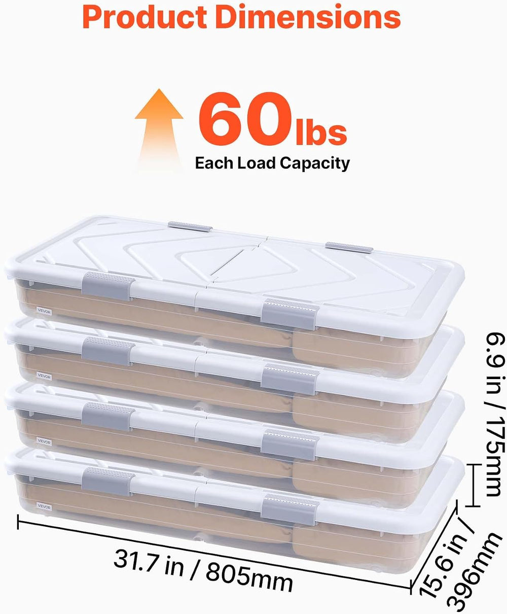 VEVOR Under Bed Storage with Wheels, 31.7 x 15.6 x 6.9 inch Underbed Containe...