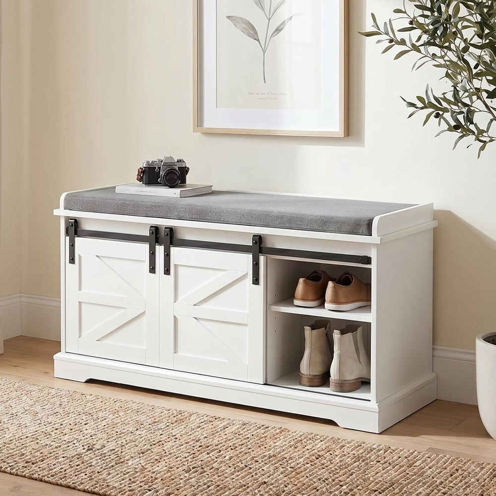Loomie 39" Wide White Shoe Storage Bench with Removable Seat Cushion