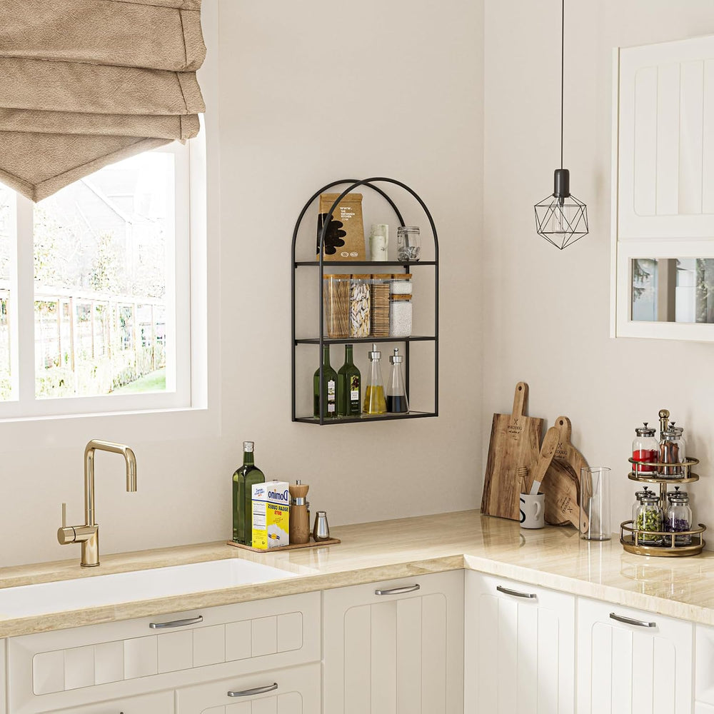 Crofy 3-Tier Arched Wall Shelf with Black Frame & Transparent Shelves
