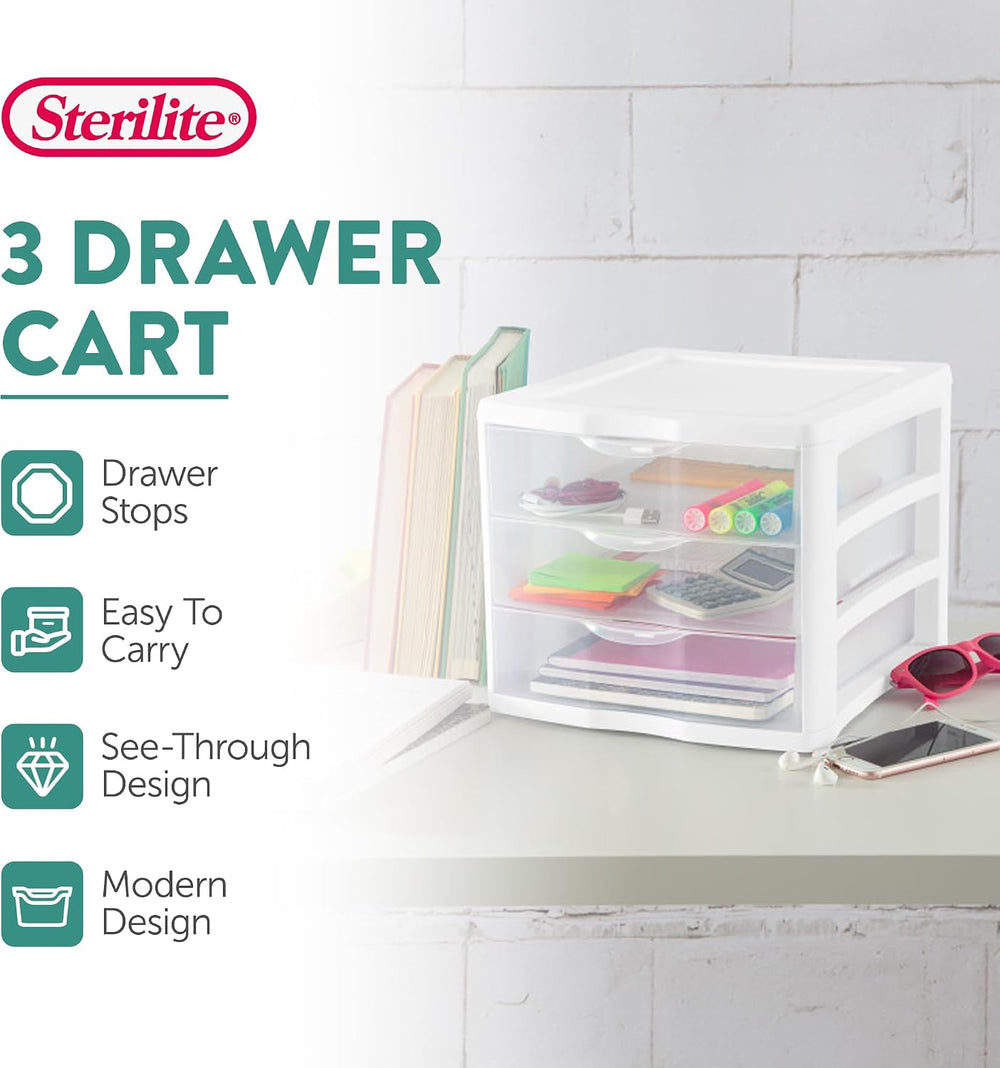 Sterilite Clearview 3-Drawer Cart Small Plastic Storage Organizer, 18-Pack
