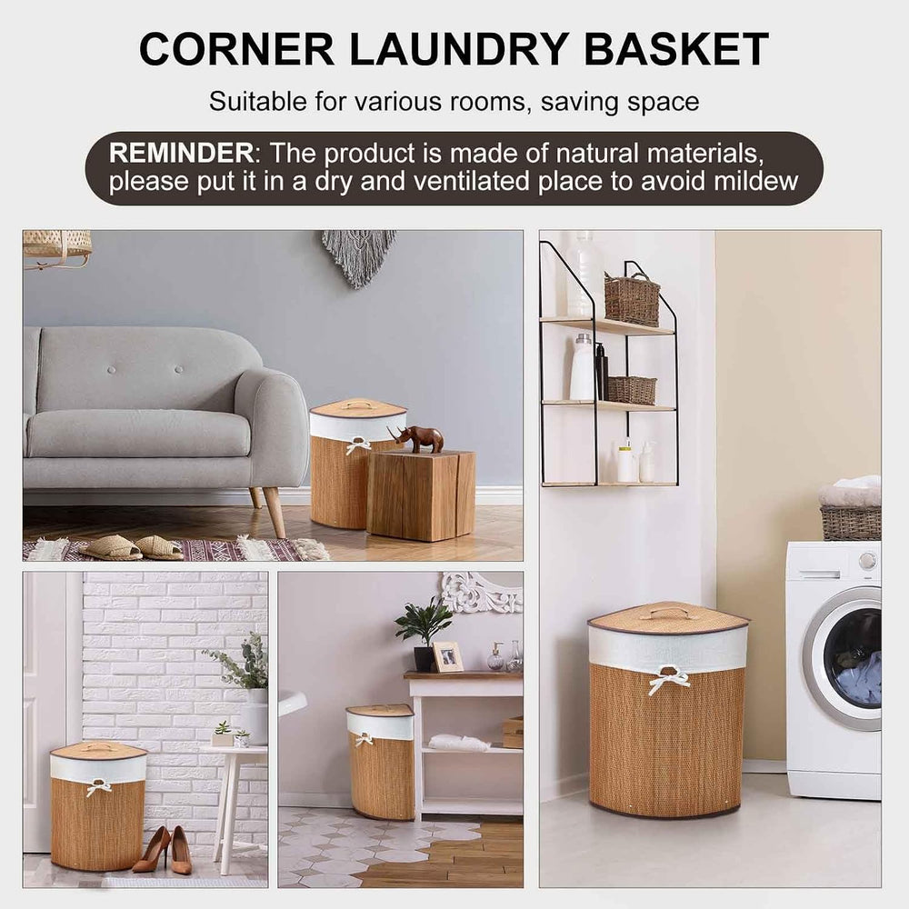 Gueevin Corner Bamboo Laundry Hamper with Lid and Removable Liner Corner Bamb...