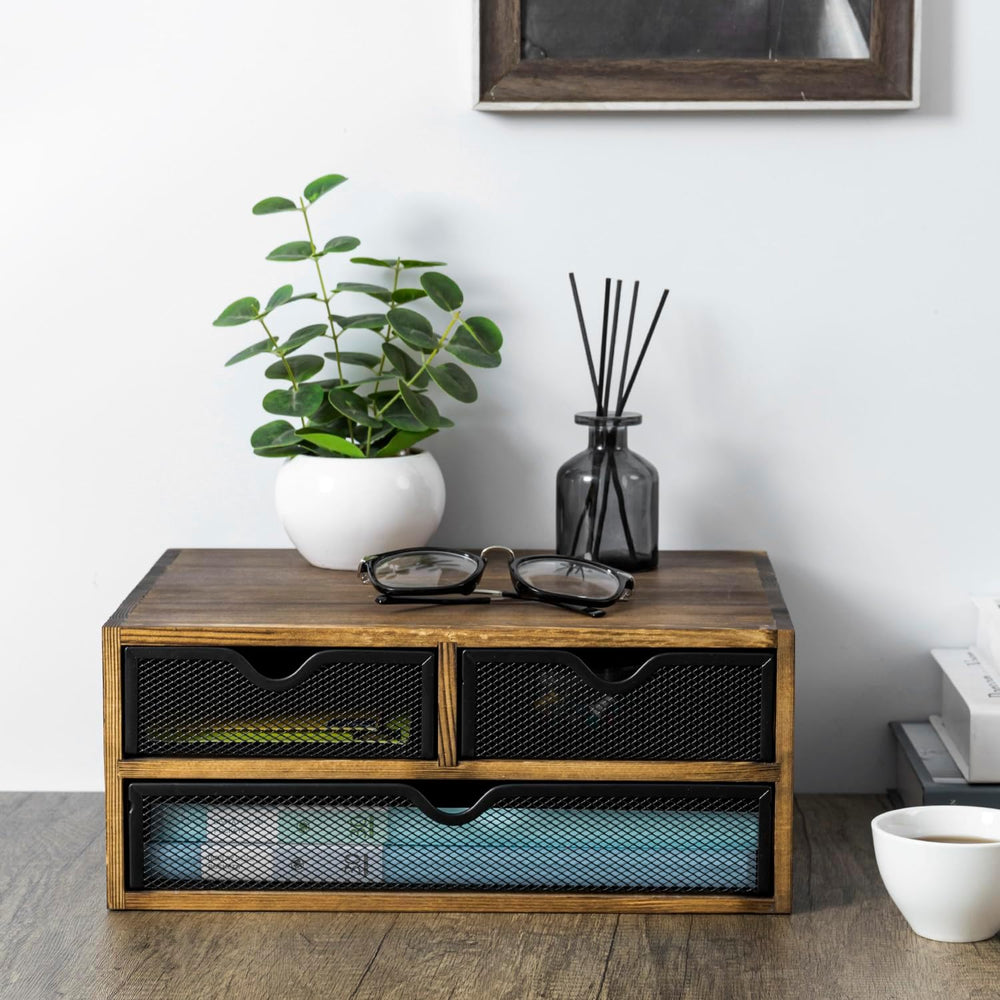 MyGift Rustic Burnt Brown Solid Wood Desktop Organizer Box with 3 Removable B...