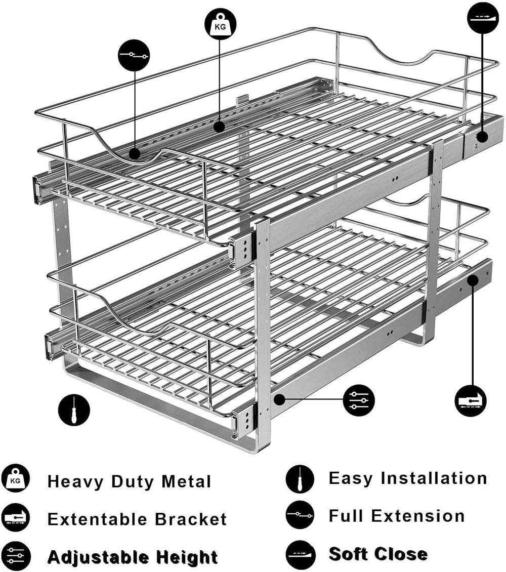 2 Tier Pull Out Cabinet Organizer,(14½"W x 22" D) Soft Close Slide ...