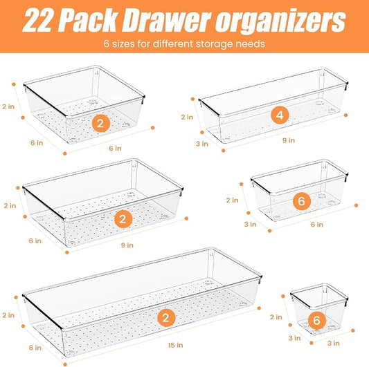 Criusia 22 Pcs Drawer Organizer Bins, Acrylic Non Slip Kitchen Drawer - Image 2