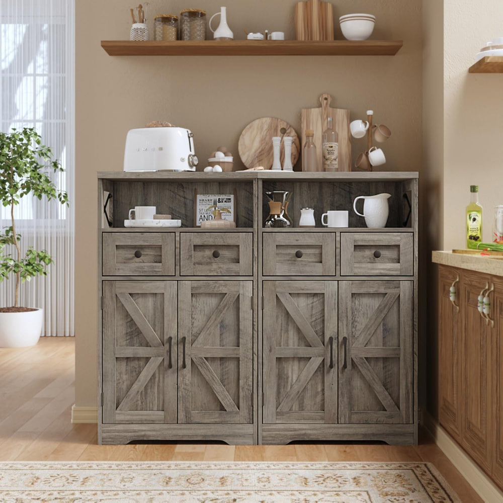 Grey Farmhouse Storage Cabinet with Doors and Drawers, Small Pantry Cabinet
