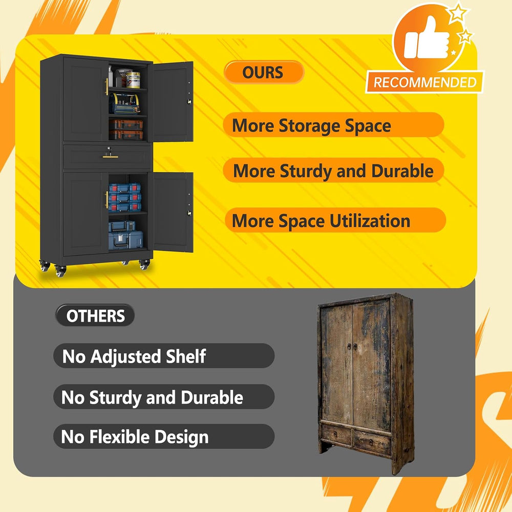 pozdeg 74" Black Lockable Rolling Metal Garage Storage Cabinet