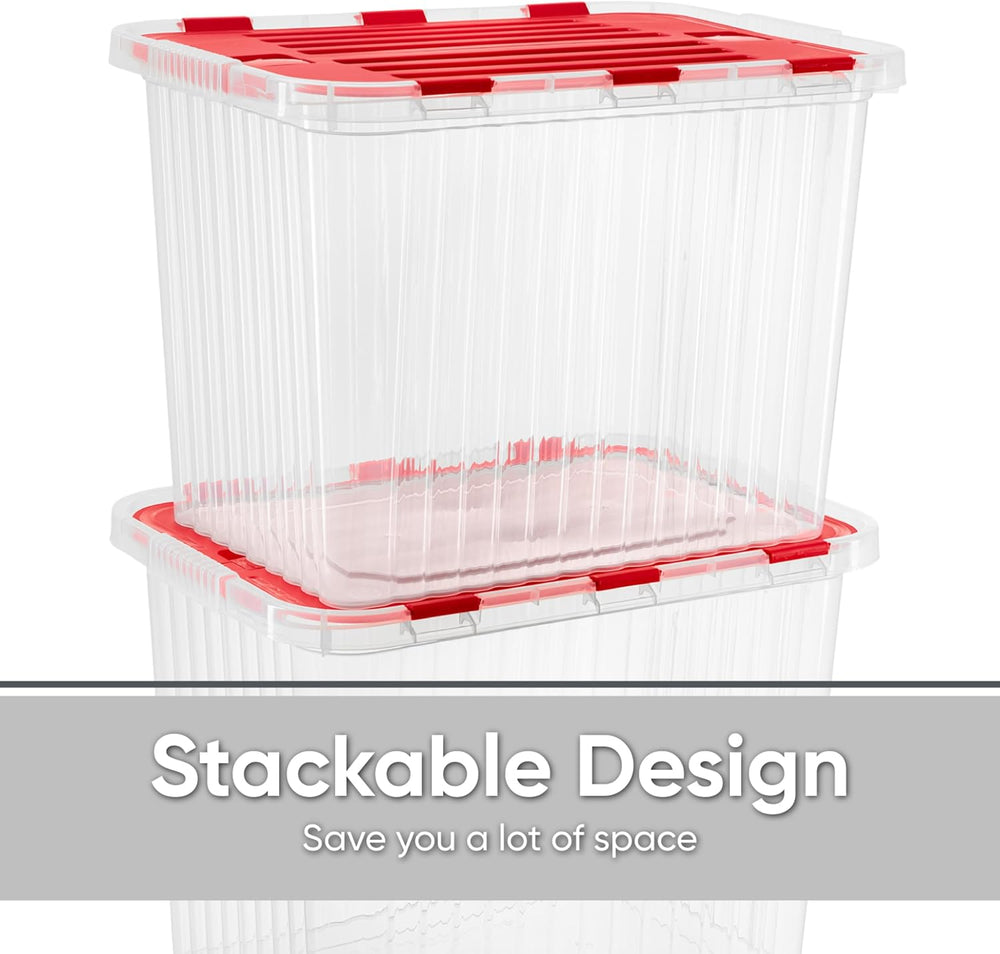 Superio Red Storage Box with Red Hinged Lids, 2 Pack Plastic Container Bins f...