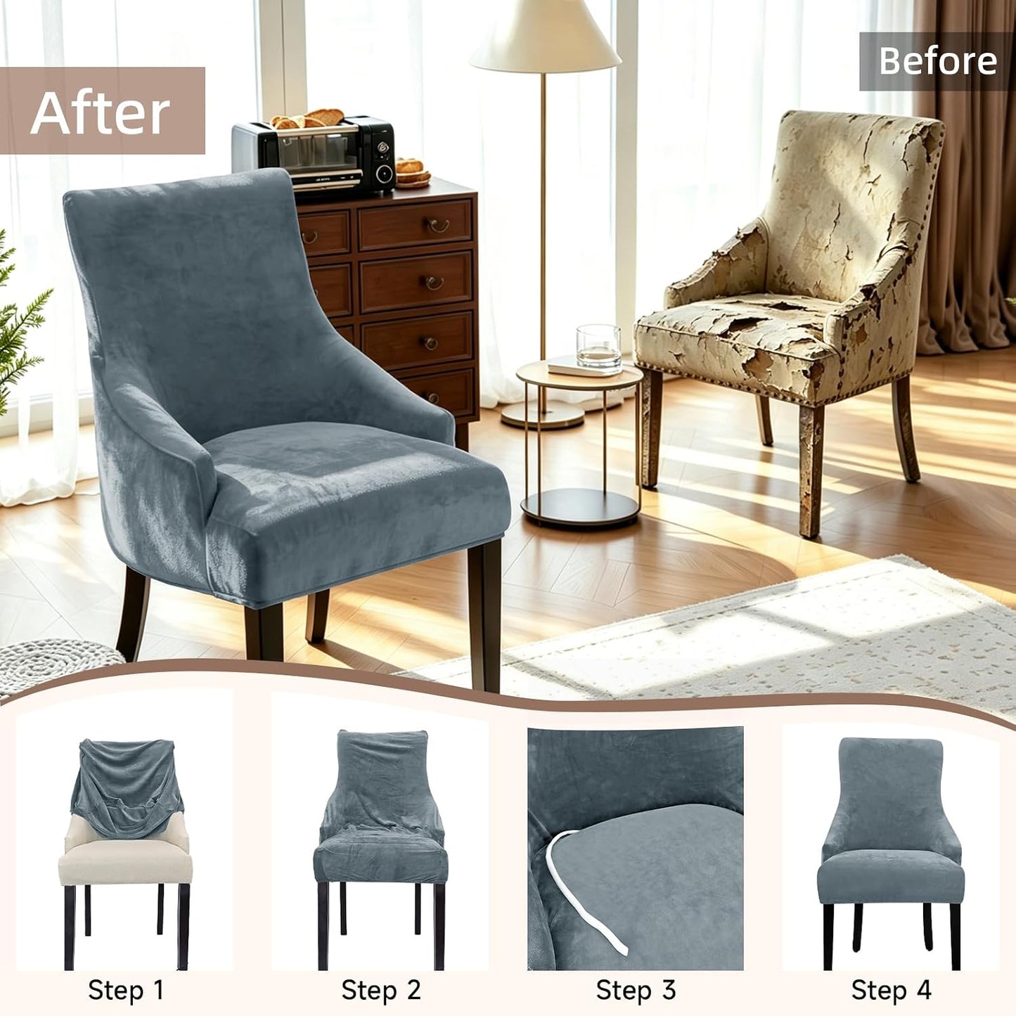 Stretch Velvet Wingback Dining Chair Covers Elegant Soft Wingback Dining Chair Slipcover Washable Wing Back Chairs Slipcovers Wing Chairs Protect Covers for Living Room (Light Grey, 2PCS)
