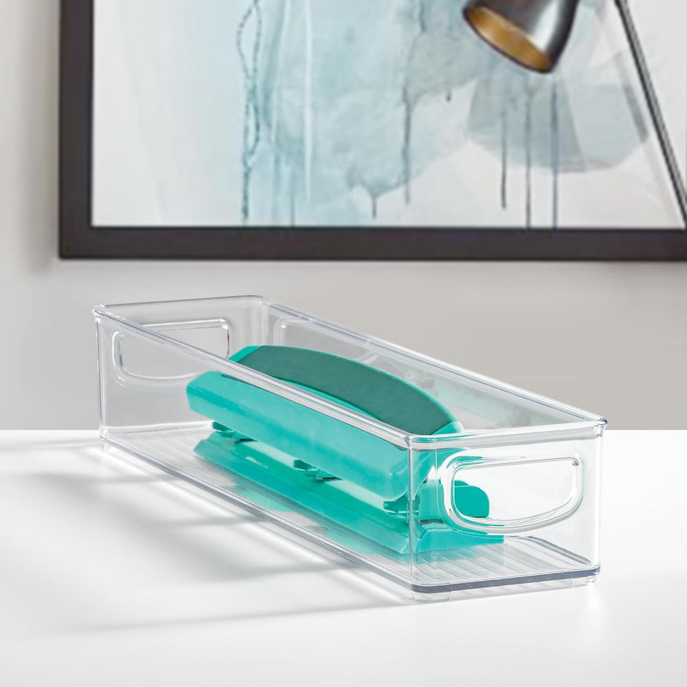 iDesign Slim Clear Plastic Storage Bin, Extra Long Narrow, 4-Pack