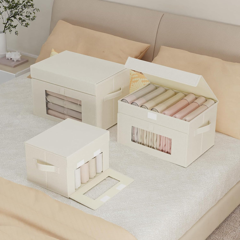 Transparent Window Storage Bins, 4 Pack, Beige, 15x9.8x9.8 In