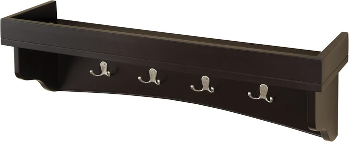 Shaker Cottage Coat Hooks with Tray Shelf, Chocolate - Wall Mounted Storage Rack, 8 Hooks, French Cleat Easy Installation, Ideal for Entryway, Mudroom, Laundry Room, Painted Wood Finish