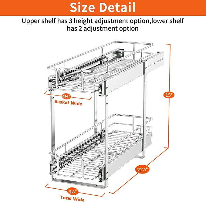 ROOMTEC Individual Pull Out Cabinet Organizer, 2 Tier Spice Rack Organizer