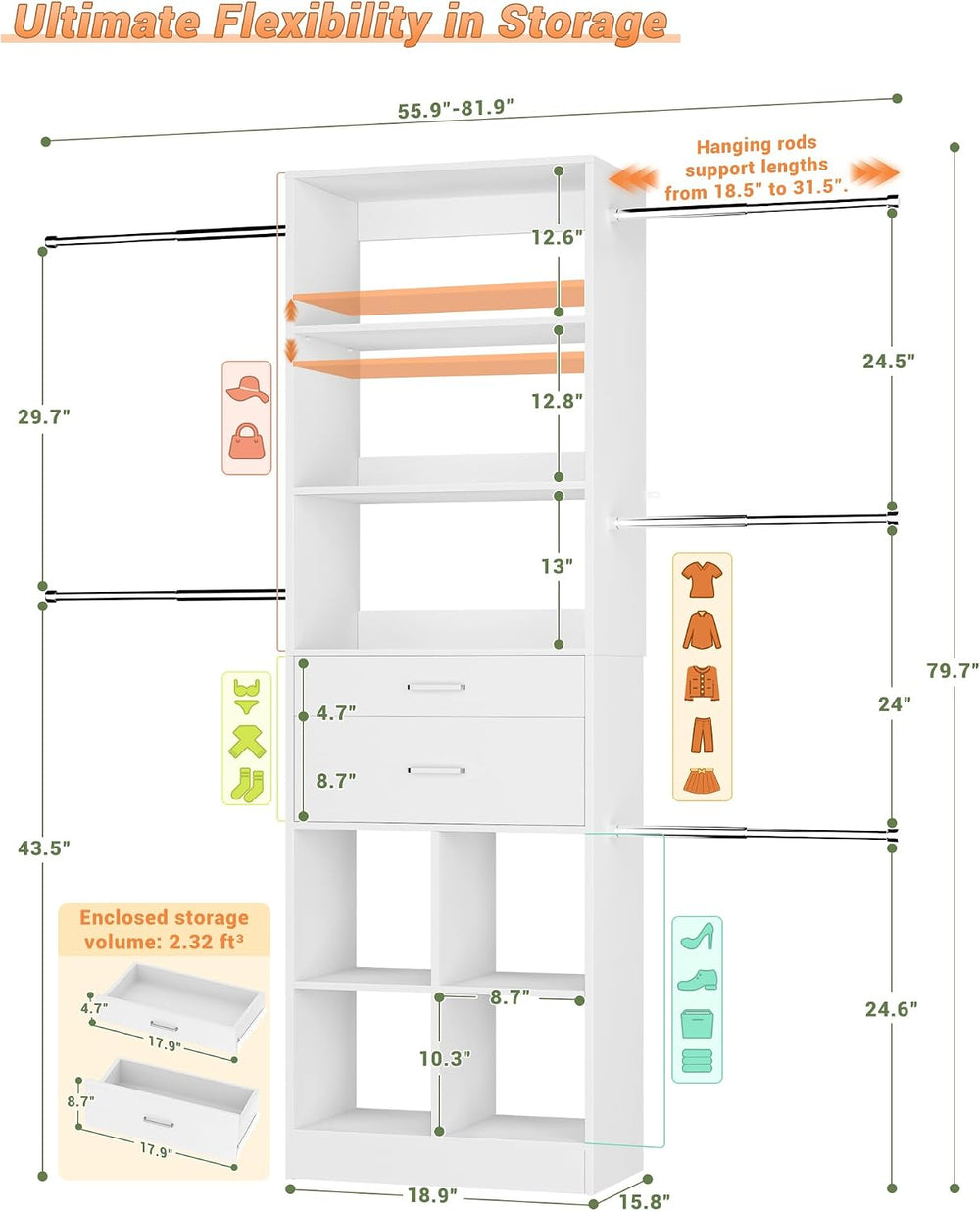 Besiost Small Closet System, 3.2-6.8FT Small Closet Organizer with 2 Wooden D...