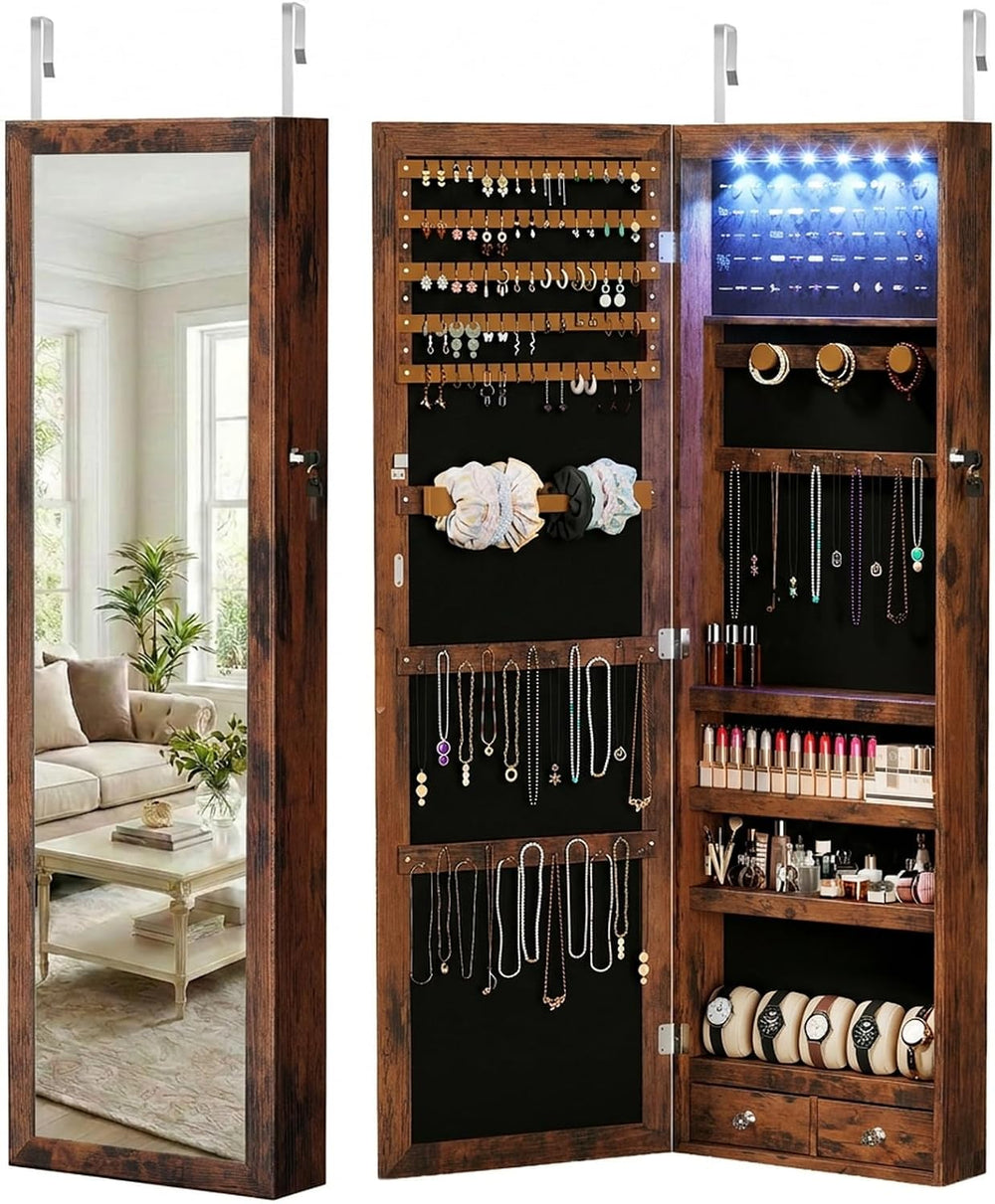 DUMOS 6 LEDs Mirror Jewelry Organizer Cabinet, Jewelry Armoire, 47.2 Inch