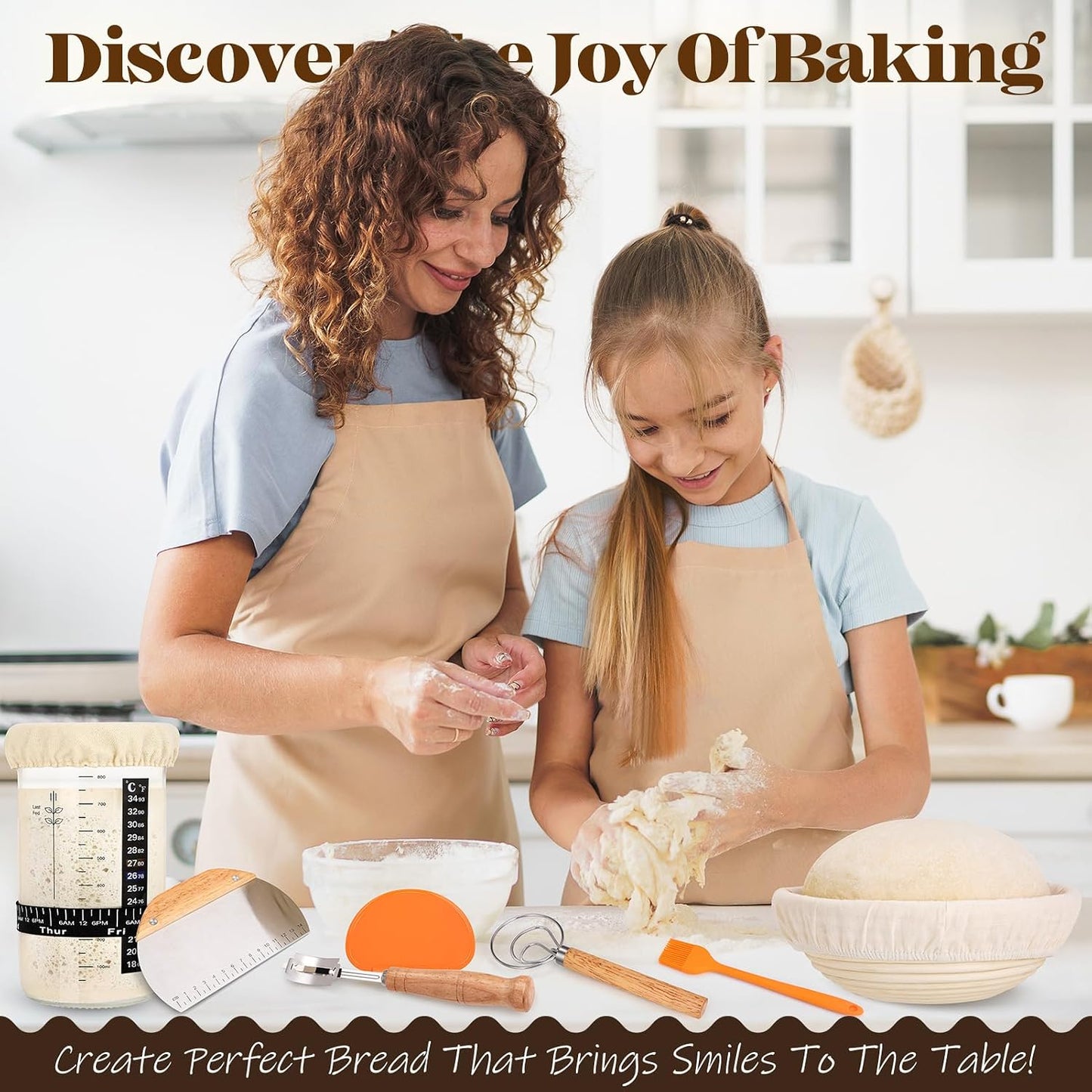 Sourdough Starter Kit with Bread Proofing Baskets, Jars, Baking Essentials | 9 in Round & 10 in Oval Baskets Set, Sourdough Bread Baking Supplies, Sour dough Beginner Kit Gifts for Bakers Women Wife Mom