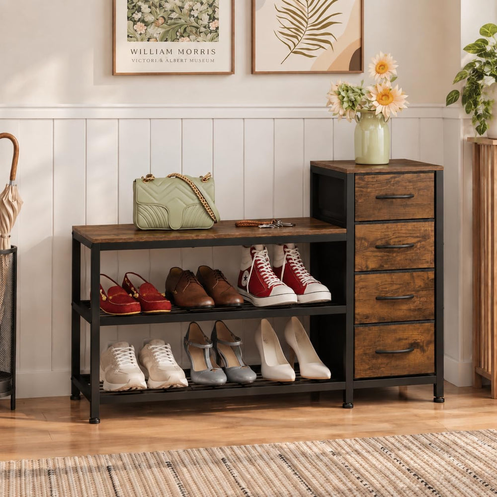 EXOTICA Industrial Shoe Storage Bench with 4 Drawers & Seat, Rustic Brown