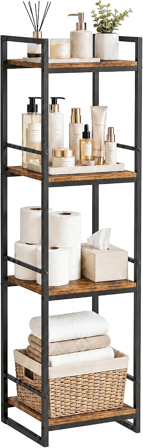 BYFU 4 Tier Bathroom Storage Open Shelf Rustic Brown Metal Corner Rack