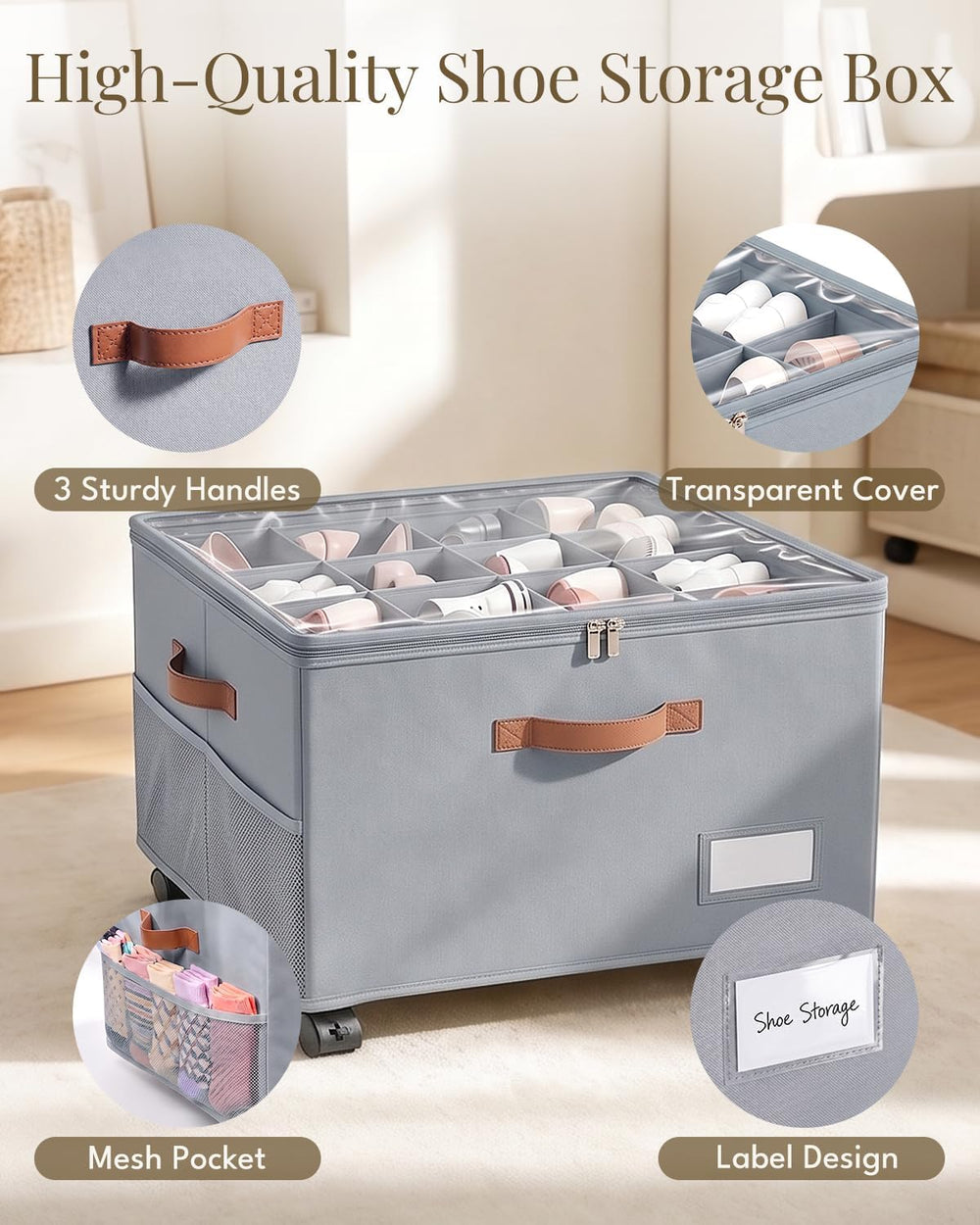 Shoe Organizer for Closet with Wheels - 2 Pack Shoe Storage Box Bin Cubes