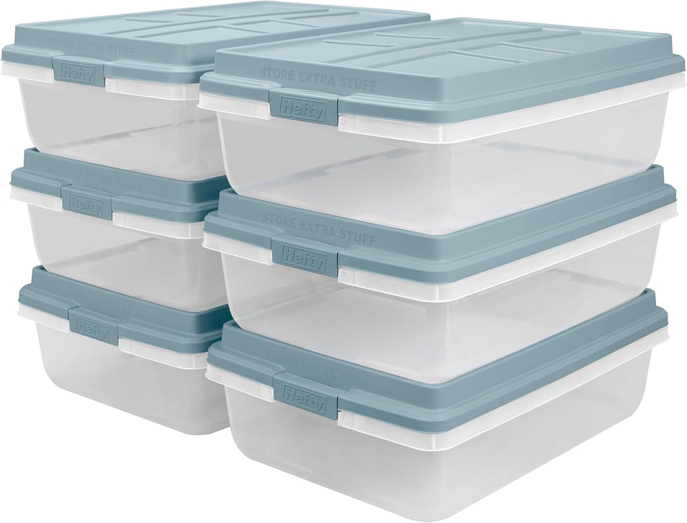 Hefty Hi-Rise Storage Bin with Lid, 40 Quart, Smoke Blue, 6 Pack