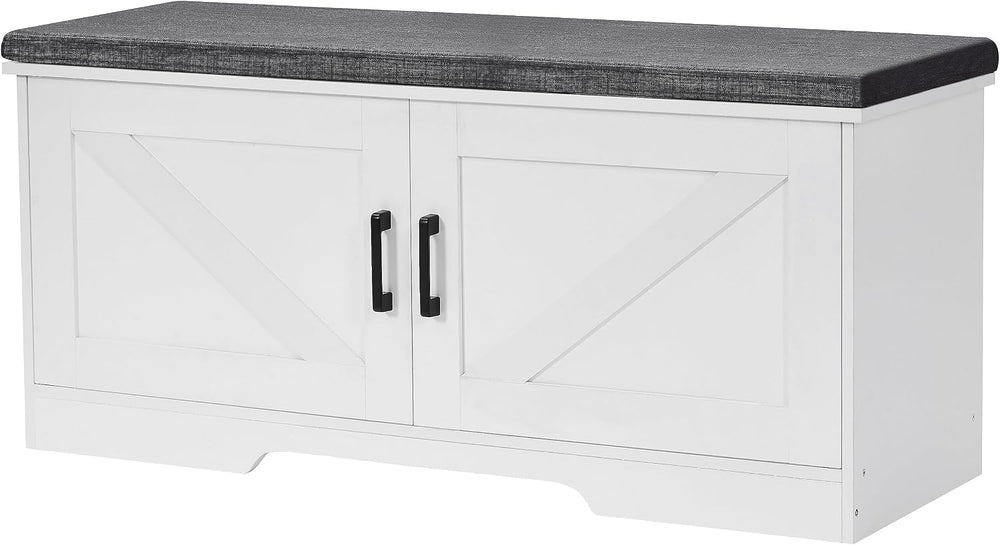 HOMSHO Farmhouse Shoe Storage Bench with 2 Barn Doors & Padded Seat Cushion
