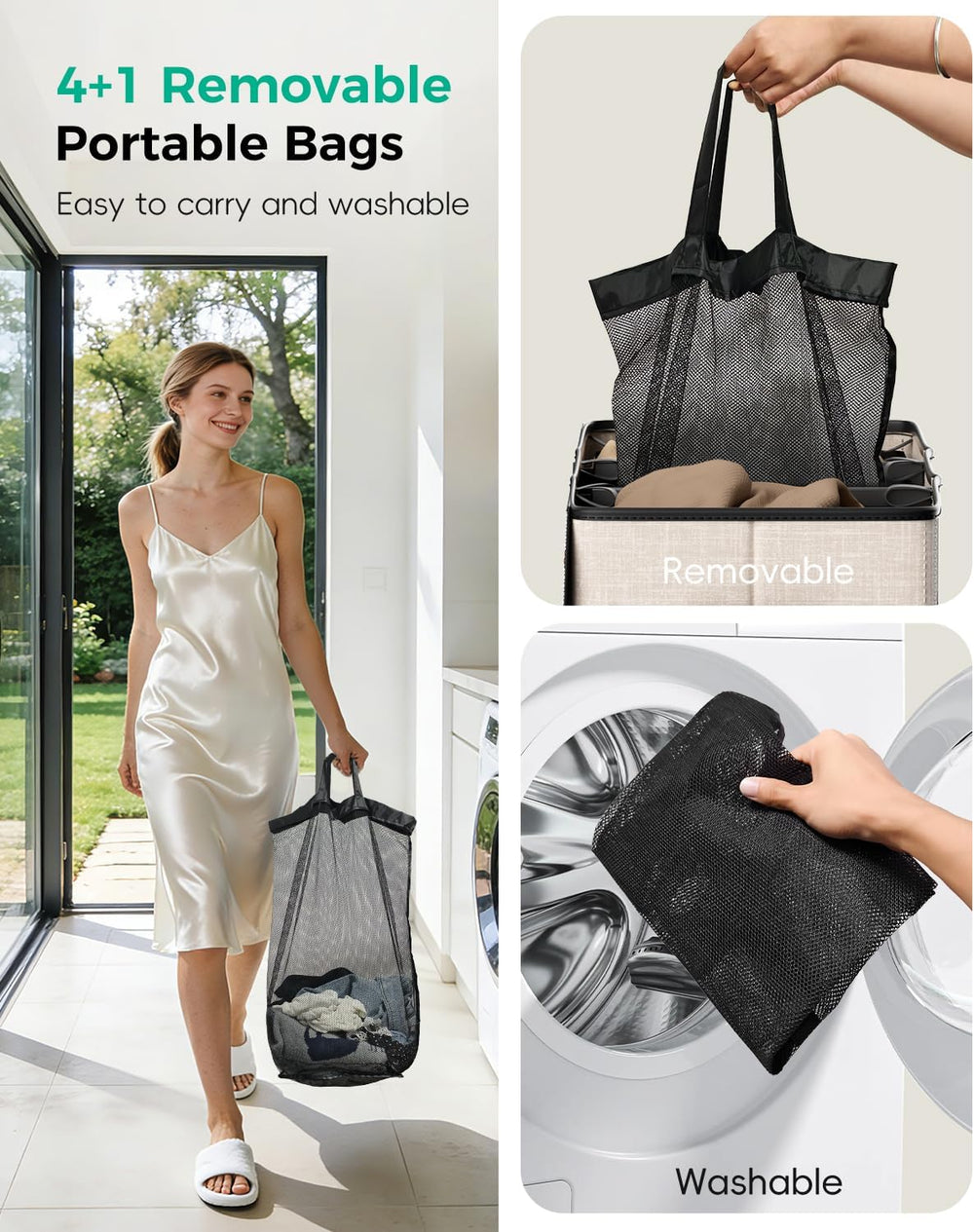 185L Laundry Hamper 4 Section with Lid & Removable Bags
