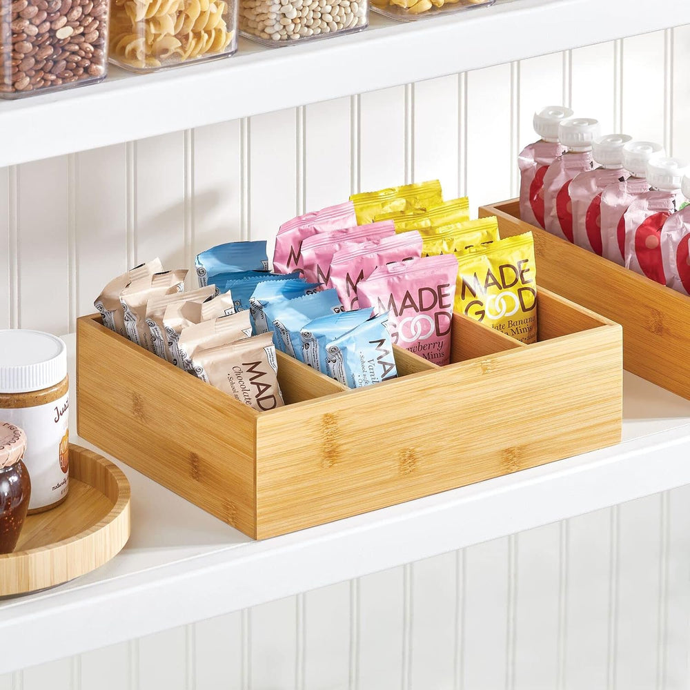mDesign Bamboo Wood Food Storage Organizer Box, 4 Section, Divided Compartmen...