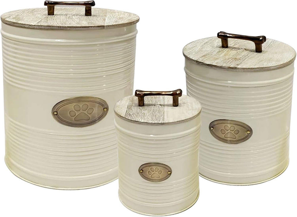 nu steel metal Ribbed Ivory 3 Pc set Jumbo Pet Canister with Golden PAW Plaqu...