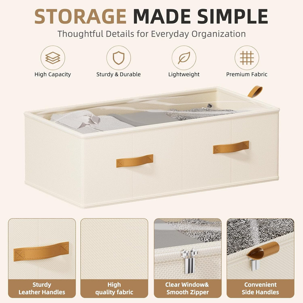 FHSQX 4 Pack Under Bed Storage Bins,10 Inch Tall,Beige, 31.5x15.8x10 inch