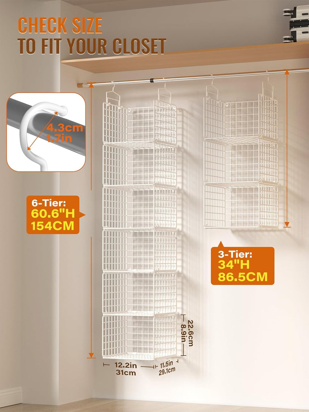 6 Tier Closet Hanging Organizer, Metal Closet Organizers and Storage with 4 H...