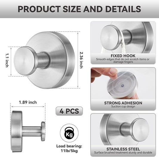 4 PCS Suction Cup Hooks for Shower, Stainless Steel No Drill Suction Towel Hooks - Image 2