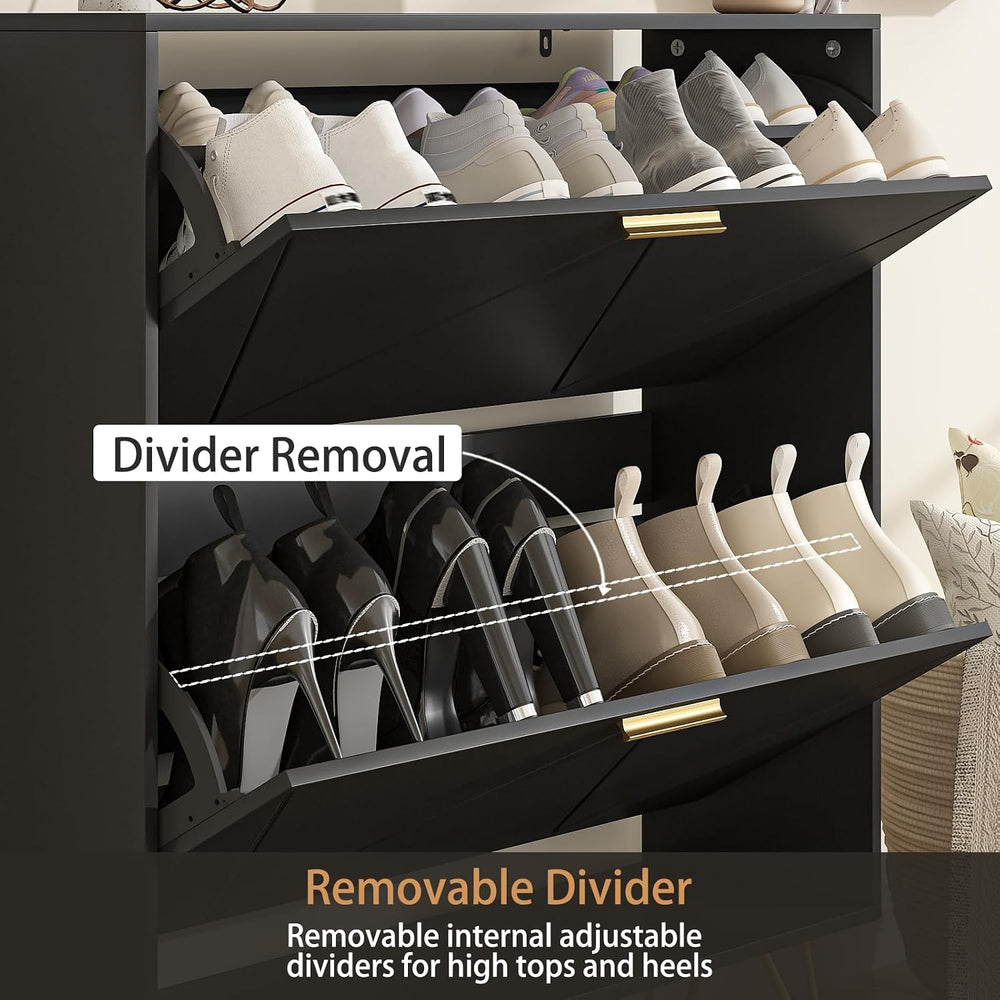 LYNSOM Entryway Shoe Cabinet with 2 Flip Drawers and Fluted Panel, Blcak丨Slim...