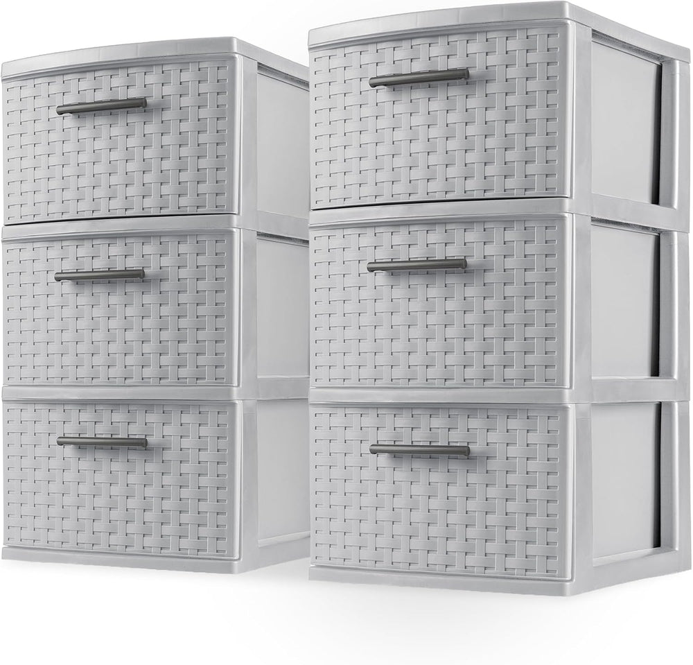 Sterilite Wide 3 Drawer Storage Organizer Tower, Cement, 2 Pack
