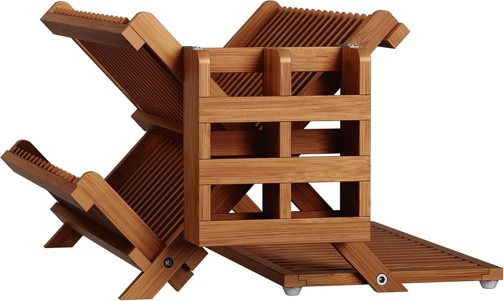 Greenual Teak Dish Drying Rack with Utensil Holder, 3 Tier Collapsible Dish R...