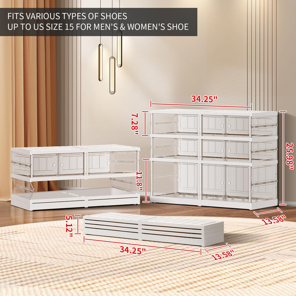 CIMLORD 3-Tier Foldable Shoe Rack, Magnetic Clear Doors, 12 Pairs, White