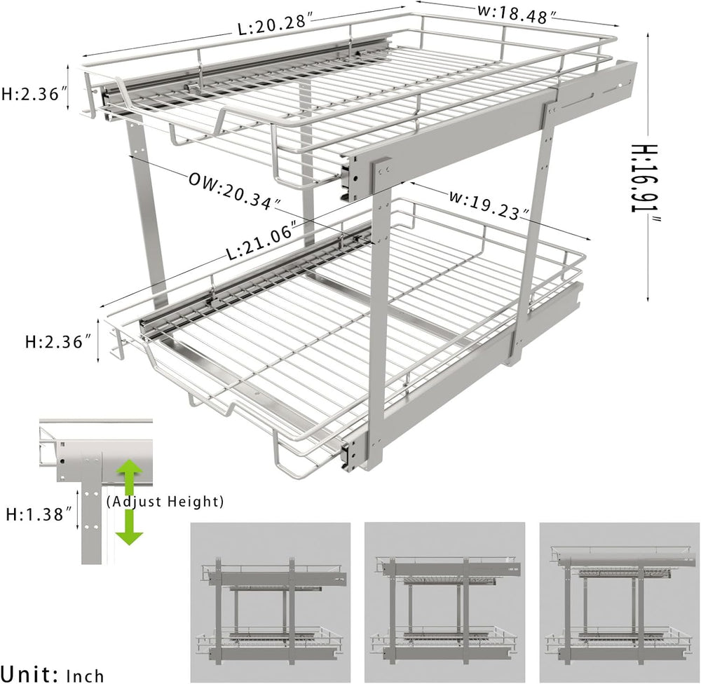 EZKAZA Pull Out Cabinet Organizer 20.5" W x 21" D, 2-Tier Kitchen C...