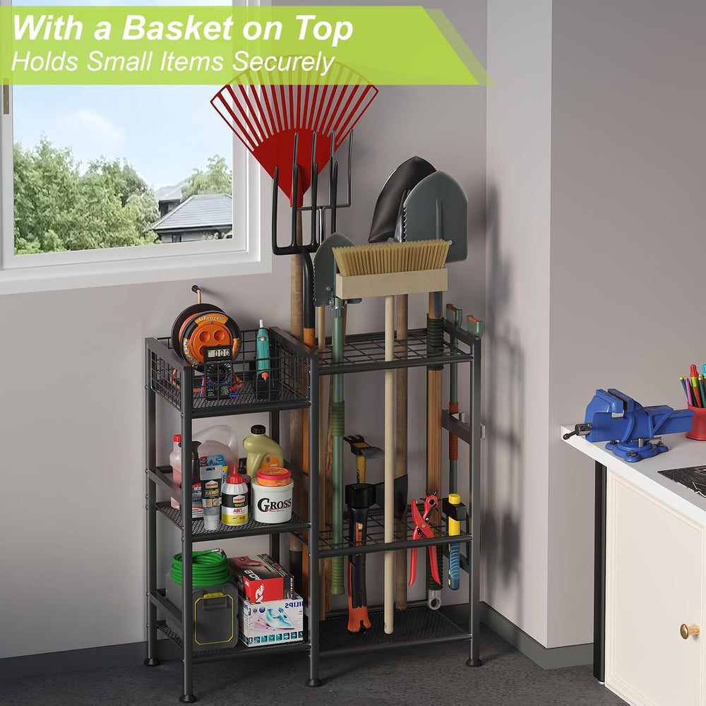 Garden Tool Organizer with Basket, 3-Tier Yard Storage Rack for Garage