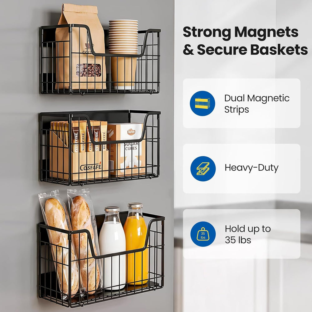 3 Pack Magnetic Fridge Shelves, Metal Fruit & Vegetable Basket Organizer
