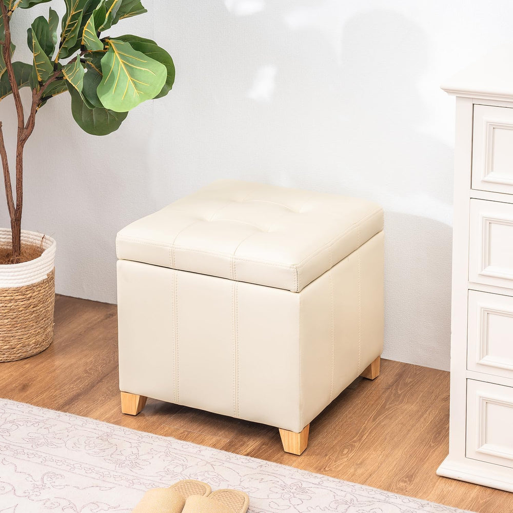 Adeco Square Storage Ottoman with Hinged Lid, 16" Upholstered Foot Stool...