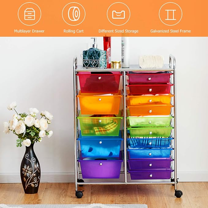 GOFLAME 15-Drawer Rolling Storage Cart, Utility Cart