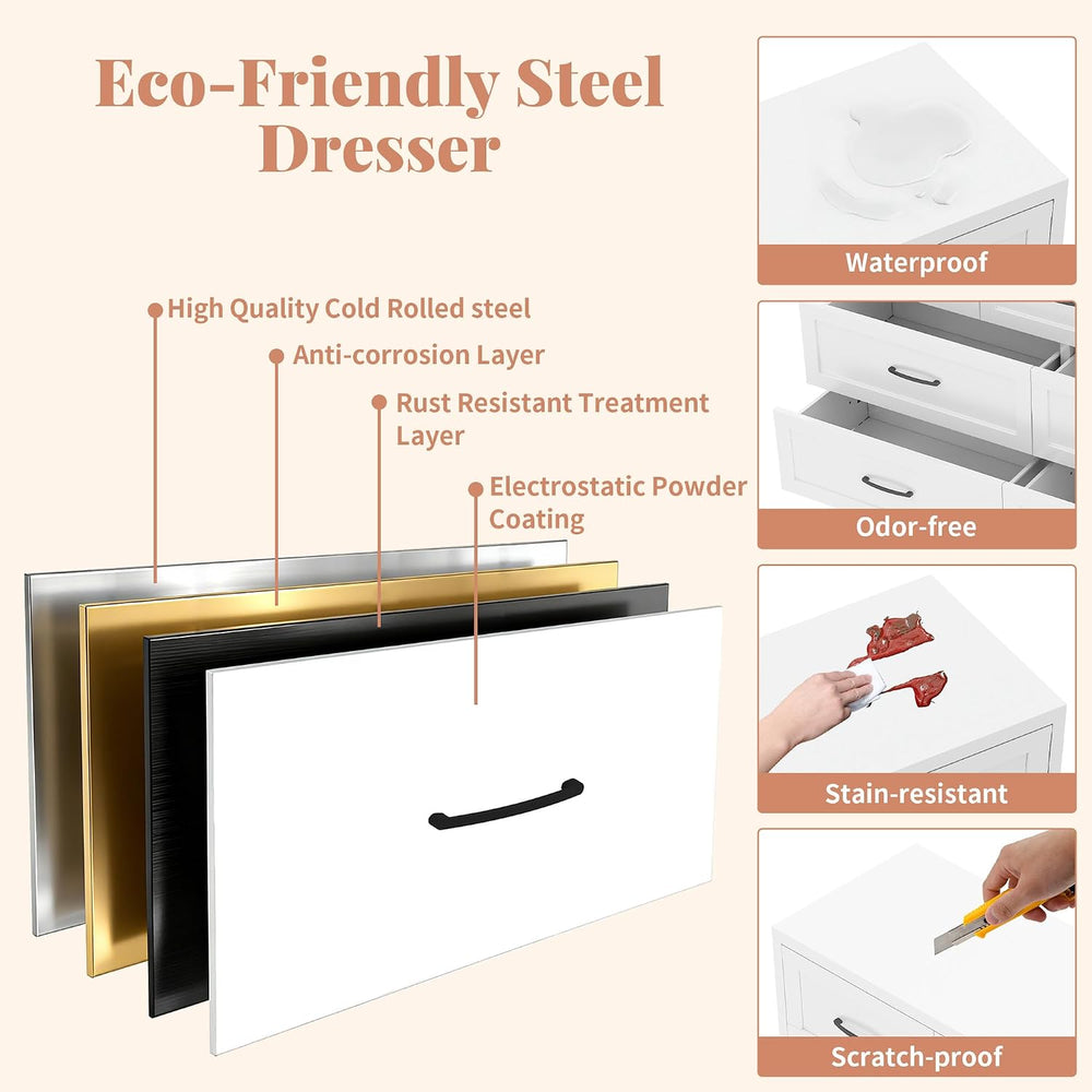 Metal 9 Drawer Dressers for Bedroom, 52" Wide White Steel Chest of Drawe...
