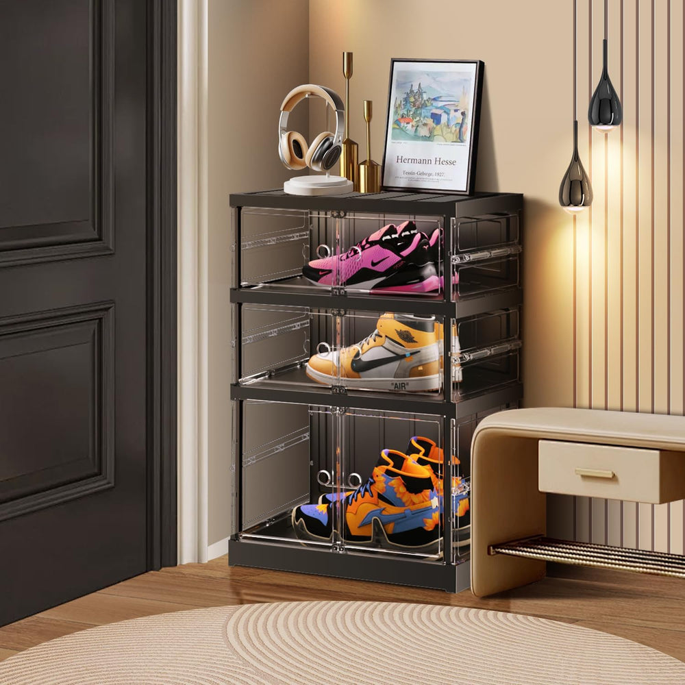 CIMLORD 3-Tier Foldable Shoe Rack, Magnetic Clear Doors, 6 Pairs, Black