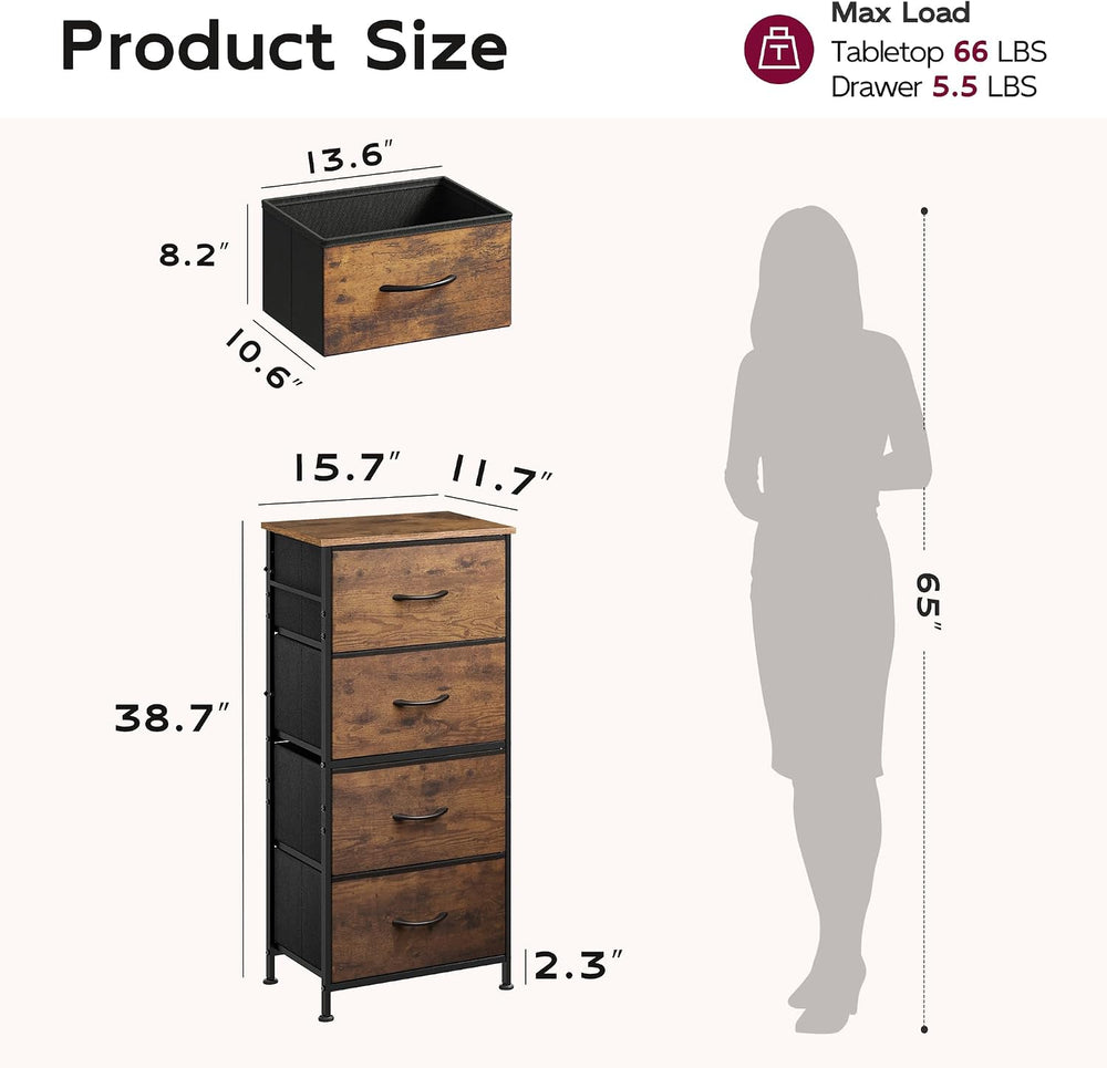 WLIVE Small Dresser Nightstand for Bedroom, 4 Drawers, Rustic Brown